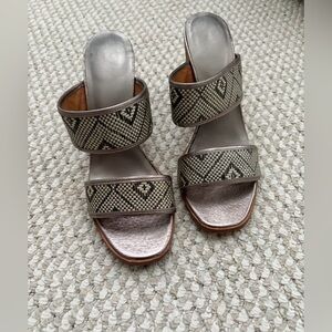 Anthropologie Metallic Bronze Slide Mules with Black-Beige Pattern